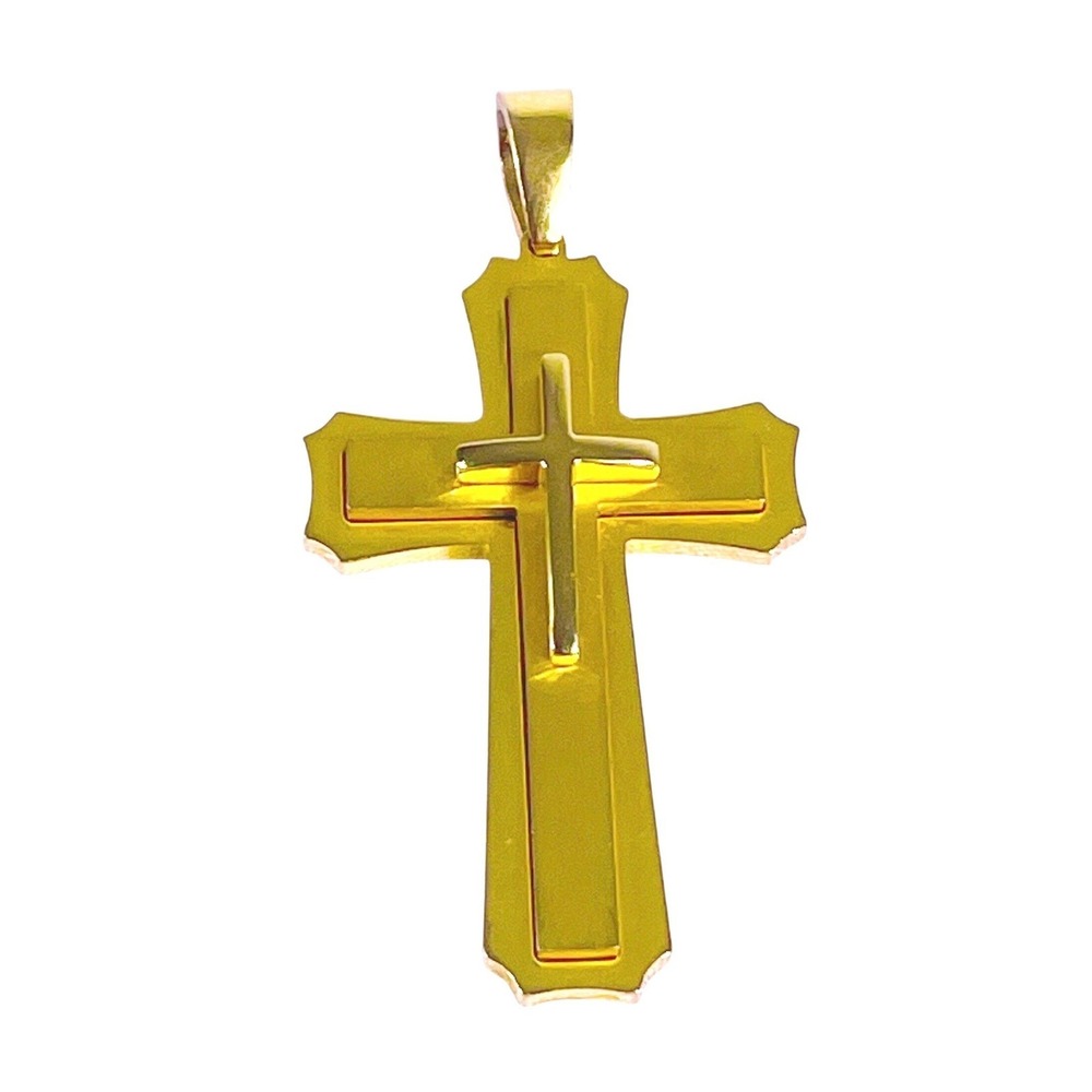 Stainless‎ Steel Christian Cross Pendant Mens Gold Tone Triple Layered Religious
